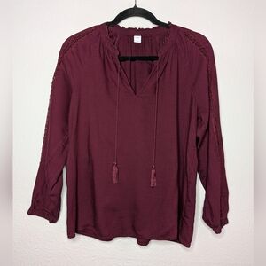 Old Navy Womens Red Burgundy Autumm Fall Tie Front Crochet Trim Blouse S